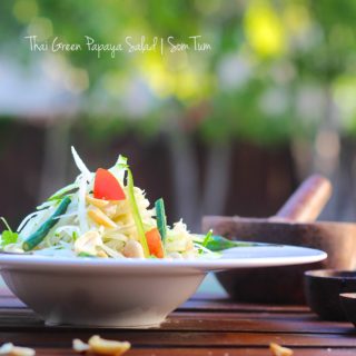 A side shot of Thai green papaya salad