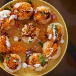 An overhead shot of dahi sev puri