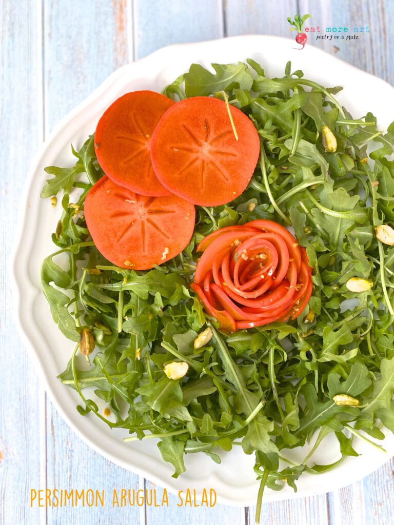 An overhead shot of Persimmon Arugula Salad